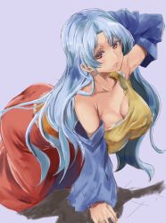 Rule 34 | 1girl, all fours, arm support, arm up, armpits, arms behind head, bare shoulders, breasts, cleavage, collarbone, commentary request, detached sleeves, dress, eyelashes, grey hair, highres, large breasts, long dress, long hair, looking at viewer, mature female, multicolored clothes, multicolored dress, parted lips, red eyes, sakata nemuno, single strap, sketch, solo, touhou, yohane