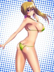 Rule 34 | 10s, 1girl, arched back, armpits, ass, bare arms, bare shoulders, bikini, blonde hair, blue ribbon, blush, breasts, butt crack, closed mouth, cowboy shot, dimples of venus, from side, gradient hair, hair ribbon, highres, index finger raised, kawakami mai, large breasts, looking at viewer, looking to the side, lowleg, lowleg bikini, multicolored hair, musaigen no phantom world, outstretched arm, purple hair, ribbon, shiny skin, side ponytail, sideboob, skindentation, smile, solo, swimsuit, takecha, underboob, yellow bikini