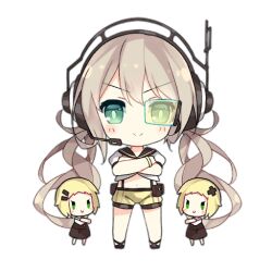 Rule 34 | 3girls, bare legs, black footwear, blonde hair, blush, blush stickers, brown dress, brown sailor collar, c:, chibi, closed mouth, command fairy (girls&#039; frontline), cross hair ornament, crossed arms, dress, fairy (girls&#039; frontline), full body, girls&#039; frontline, green eyes, hair ornament, hairclip, headset, light brown hair, long hair, looking at viewer, midriff, multiple girls, navel, official art, sailor collar, saru, scouter, shirt, short hair, short sleeves, shorts, simple background, smile, standing, straight-on, suspender shorts, suspenders, third-party source, transparent background, twintails, v-shaped eyebrows, v-shaped eyes, very long hair, white shirt, yellow shorts, yellow wristband, | |