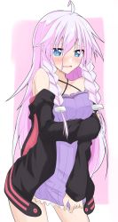 Rule 34 | 1girl, ahoge, arm across chest, bare shoulders, black jacket, blue eyes, blush, braid, commentary, cosplay, cowboy shot, criss-cross halter, dress, embarrassed, frilled dress, frills, furrowed brow, halterneck, highres, hood, hooded jacket, ia (vocaloid), jacket, long hair, looking at viewer, open clothes, open jacket, open mouth, pink hair, purple dress, sena kizahashi, skirt, skirt tug, solo, twin braids, very long hair, vocaloid, yuzuki yukari, yuzuki yukari (cosplay)