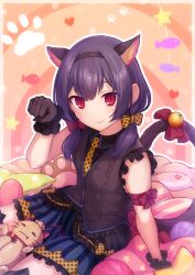 Rule 34 | 1girl, animal ears, animal hands, arm ribbon, bare shoulders, bell, black hair, black scrunchie, black skirt, black thighhighs, black vest, blush, bow, cat ears, cat tail, closed mouth, cushion, fake animal ears, fake tail, fish, footprints, hair bun, hand up, heart, idolmaster, idolmaster shiny colors, jingle bell, looking at viewer, morino rinze, paw pose, polka dot, polka dot necktie, polka dot ribbon, polka dot trim, poroze, red eyes, red ribbon, ribbon, scrunchie, shirt, short hair, sitting, skirt, smile, solo, star (symbol), straw doll, striped clothes, striped shirt, tail, thighhighs, vest, yarn, yarn ball, zettai ryouiki