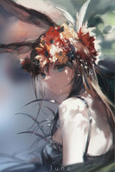 Rule 34 | 1girl, absurdres, amiya (arknights), animal ears, arknights, black dress, blue eyes, blurry, blurry background, brown hair, close-up, closed mouth, dress, english text, feather hair ornament, feathers, flower, from behind, hair flower, hair ornament, highres, light blush, light smile, lingerie, long hair, looking at viewer, looking back, negligee, off-shoulder dress, off shoulder, rabbit girl, red flower, solo, underwear, upper body, zygocactus