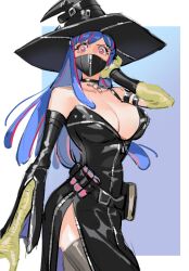 Rule 34 | 1girl, alternate costume, bare shoulders, black dress, blue hair, breasts, cleavage, cowboy shot, detached sleeves, dress, grey thighhighs, hat, large breasts, long hair, mask, mouth mask, multicolored hair, one piece, pink eyes, raine (acke2445), red hair, solo, striped hair, thighhighs, two-tone hair, ulti (one piece), witch hat