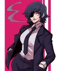 Rule 34 | 1girl, absurdres, black hair, black necktie, black pants, blush, breasts, chainsaw man, cigarette, collared shirt, eyepatch, formal, green eyes, hands in pockets, highres, himeno (chainsaw man), jacket, looking at viewer, medium breasts, necktie, open mouth, pants, scruffyturtles, shirt, shirt tucked in, short hair, smile, smoke, smoking, solo, suit, white shirt
