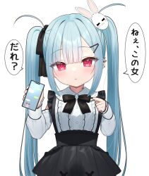 Rule 34 | 1girl, :o, black bow, black nails, black skirt, blue hair, blush, bow, breasts, cellphone, clothing cutout, collared shirt, commentary request, dress shirt, ear piercing, hair bow, hair ornament, hairclip, highres, holding, holding phone, long hair, long sleeves, looking at viewer, nail polish, original, parted lips, phone, piercing, pleated skirt, pointy ears, puffy long sleeves, puffy sleeves, rabbit hair ornament, red eyes, shirt, shoulder cutout, simple background, skirt, sleeves past wrists, small breasts, solo, suspender skirt, suspenders, translation request, tsukiman, twintails, very long hair, white background, white shirt