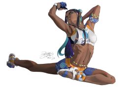 Rule 34 | 1girl, aqua eyes, aqua hair, armlet, armpits, belly chain, bike shorts, black hair, breasts, commentary request, coo2co2, creatures (company), dark-skinned female, dark skin, dated, dynamax band, earclip, earrings, full body, game freak, gloves, hair bun, highres, hoop earrings, jewelry, long hair, multicolored hair, navel, necklace, nessa (pokemon), nintendo, parted lips, partially fingerless gloves, pokemon, pokemon swsh, ribs, sandals, signature, single hair bun, solo, stretching, toes, two-tone hair, white footwear