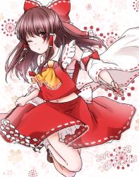 Rule 34 | 1girl, ascot, bandages, bare shoulders, blush, bow, brown hair, budget sarashi, dated, detached sleeves, floral background, frilled bow, frilled shirt collar, frills, gohei, hair bow, hair tubes, hakurei reimu, highres, holding, ice (aitsugai), jumping, long hair, long sleeves, looking at viewer, medium skirt, navel, ofuda, one eye closed, petticoat, red bow, red eyes, red skirt, red vest, ribbon-trimmed sleeves, ribbon trim, sarashi, sidelocks, signature, skirt, socks, solo, touhou, vest, white socks, wide sleeves, yellow ascot