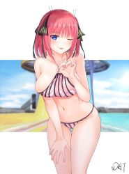 Rule 34 | 1girl, ;p, absurdres, artist name, bare shoulders, bikini, black ribbon, blue eyes, blunt bangs, blush, breasts, collarbone, da-cart, day, gluteal fold, go-toubun no hanayome, hair ornament, hair ribbon, hand on own thigh, highres, large breasts, leaning forward, looking at viewer, nakano nino, navel, one eye closed, outdoors, red hair, ribbon, signature, smile, solo, standing, swimsuit, tongue, tongue out