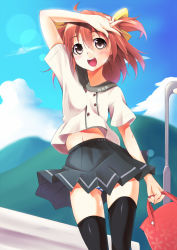 Rule 34 | 1girl, :d, arm up, bad id, bad pixiv id, bag, black thighhighs, blush, cloud, day, holding, kinta (distortion), lamppost, midriff, open mouth, original, panties, pantyshot, red hair, school uniform, skirt, sky, smile, solo, standing, striped clothes, striped panties, thighhighs, underwear, upskirt, waving, wind, wind lift