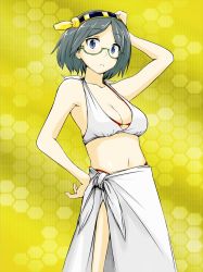 Rule 34 | 10s, 1girl, bikini, black hair, blue eyes, breasts, chizuko (chzr), chizuru (chizucoman), cleavage, female focus, frown, glasses, hairband, hand on own head, hand on own hip, honeycomb (pattern), honeycomb background, honeycomb pattern, kantai collection, kirishima (kancolle), large breasts, looking at viewer, personification, red bikini, short hair, solo, swimsuit, yellow background