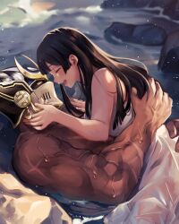 Rule 34 | 1boy, 1girl, bara, beach, black hair, blush, closed eyes, cross scar, dark-skinned male, dark skin, dress, earrings, from side, helmet, hetero, hime cut, hug, jewelry, light particles, long hair, looking at another, muscular, muscular male, profile, protagonist 2 (housamo), rock, scar, scar on arm, shiva (housamo), tass commuovere, tokyo houkago summoners, topless male, veins, veiny arms, wet, wet clothes, wet dress, white dress