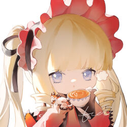 Rule 34 | 1girl, absurdres, black bow, black bowtie, blonde hair, blue eyes, bow, bowtie, chibi, cup, dress, hairband, hand up, highres, holding, holding cup, lolita hairband, long hair, long sleeves, looking at viewer, parted lips, red dress, red headwear, rozen maiden, shinku, sidelocks, simple background, solo, tea, tetee, twintails, very long hair, white background