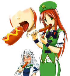 Rule 34 | 2girls, blood, corn dog, embodiment of scarlet devil, female focus, food, green eyes, hong meiling, hot dog, izayoi sakuya, kagehito, long hair, looking at viewer, multiple girls, nosebleed, red hair, sausage, sexually suggestive, simple background, tongue, touhou, white background