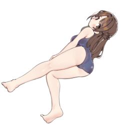 Rule 34 | 1girl, aa211108, alternate costume, ass, bare legs, barefoot, blue one-piece swimsuit, blush, breasts, brown hair, from behind, full body, idolmaster, idolmaster cinderella girls, kneepits, large breasts, looking at viewer, looking back, one-piece swimsuit, one side up, parted bangs, school swimsuit, shimamura uzuki, simple background, soles, solo, swimsuit, white background