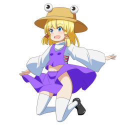 Rule 34 | 1girl, :d, blonde hair, blue eyes, cato (monocatienus), hair ribbon, hat, midriff, moriya suwako, no panties, open mouth, outstretched arms, purple skirt, pyonta, ribbon, short hair, skirt, smile, solo, spread arms, thighhighs, touhou, white background, white thighhighs, wide sleeves