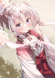 Rule 34 | 1girl, blue eyes, blush, bow, breasts, cherry blossoms, choker, cleavage, commentary, eyelashes, flower, hair between eyes, hair flower, hair ornament, hand on own face, highres, japanese clothes, long hair, long sleeves, looking at viewer, miko, neck tassel, open clothes, outdoors, parted bangs, pleated skirt, raised eyebrows, red bow, red skirt, senren banka, sidelocks, skirt, small breasts, smile, solo, standing, sunlight, takepoison, tomotake yoshino, twintails, white choker, white hair, wide sleeves
