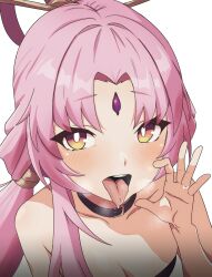 Rule 34 | 1girl, absurdres, bright pupils, fellatio gesture, forehead jewel, fu xuan (honkai: star rail), hand up, highres, honkai: star rail, honkai (series), long hair, looking at viewer, neinlol, open mouth, parted bangs, pink hair, simple background, solo, teeth, tongue, tongue out, upper teeth only, white background, white pupils, yellow eyes