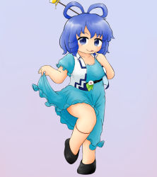 Rule 34 | 1girl, :p, belt, black footwear, blue dress, blue eyes, blue hair, chibi, commentary request, dress, drill hair, finger to cheek, flower, grey background, hair between eyes, hair ornament, hair rings, hair stick, kaku seiga, leg lift, leg ribbon, looking at viewer, puffy short sleeves, puffy sleeves, ribbon, shawl, short hair, short sleeves, simple background, skirt hold, solo, standing, standing on one leg, tongue, tongue out, touhou, twin drills, yukimuro