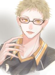 Rule 34 | 1boy, absurdres, arm up, black-framed eyewear, blonde hair, collared shirt, glasses, haikyuu!!, highres, karasuno volleyball uniform, looking to the side, male focus, multicolored shirt, orange eyes, parted lips, ritsuki mei, shirt, short hair, sideways glance, signature, solo, sportswear, teeth, tsukishima kei, upper body, volleyball uniform, white background, wing collar