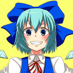 Rule 34 | &gt;:d, 1girl, :d, blue bow, blue eyes, blue hair, blue vest, blush, bow, cirno, doyagao, grin, hair bow, ice, ice wings, isagi, looking at viewer, matching hair/eyes, neck ribbon, open mouth, portrait, red ribbon, ribbon, shirt, short hair, smile, smug, solo, touhou, tsurime, v-shaped eyebrows, vest, white shirt, wings, yellow background