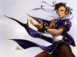 Rule 34 | 10s, 1girl, 2013, bracelet, brown hair, bun cover, capcom, china dress, chinese clothes, chun-li, double bun, dress, fighting stance, hair bun, jewelry, lips, nose, pantyhose, pelvic curtain, puffy short sleeves, puffy sleeves, sash, short hair, short sleeves, signature, solo, spiked bracelet, spikes, street fighter, tixie lix, watermark, web address