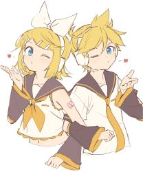 Rule 34 | 1boy, 1girl, aqua eyes, arm warmers, bare shoulders, black collar, blonde hair, blowing kiss, bow, collar, commentary, crop top, cropped torso, hair bow, hair ornament, hairclip, headphones, headset, heart, highres, kagamine len, kagamine rin, locked arms, looking at viewer, m0ti, midriff, navel, neckerchief, necktie, one eye closed, sailor collar, school uniform, shirt, short hair, short ponytail, short sleeves, shoulder tattoo, sleeveless, sleeveless shirt, spiked hair, swept bangs, tattoo, twitter username, upper body, vocaloid, white background, white bow, white shirt, yellow neckerchief