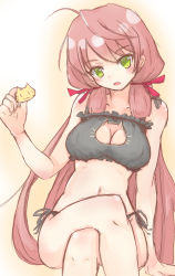 Rule 34 | 10s, 1girl, akashi (kancolle), bad id, bad pixiv id, bare shoulders, black panties, blush, bra, breasts, cat cutout, cat lingerie, cleavage, cleavage cutout, clothing cutout, fino, green eyes, hair ribbon, highres, hip vent, kantai collection, large breasts, crossed legs, long hair, looking at viewer, meme attire, navel, open mouth, panties, pink hair, ribbon, side-tie panties, sitting, smile, solo, tress ribbon, twintails, underwear, underwear only, very long hair