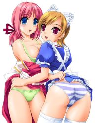 Rule 34 | 2girls, blonde hair, blue eyes, bra, breast press, breasts, clothes lift, large breasts, lingerie, maid, multiple girls, panties, pink eyes, pink hair, ponytail, pull, skirt, skirt lift, striped clothes, striped panties, thighhighs, underwear