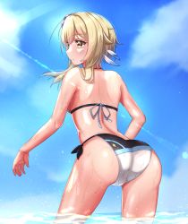 Rule 34 | 1girl, ashimi, ass, bare shoulders, bikini, blonde hair, blush, breasts, flower, from behind, genshin impact, hair flower, hair ornament, highres, lumine (genshin impact), shiny clothes, shiny skin, short hair with long locks, sideboob, smile, solo, swimsuit, water, wet, wet clothes, wet hair, yellow eyes