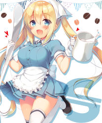 Rule 34 | 1girl, :d, apron, black footwear, blend s, blonde hair, blue eyes, blue shirt, blue skirt, blush, commentary request, frilled apron, frills, gloves, hair between eyes, head scarf, heart, hinata kaho, holding, holding spoon, long hair, looking at viewer, milk, open mouth, oversized object, pennant, pleated skirt, puffy short sleeves, puffy sleeves, sazaki ichiri, shirt, shoes, short sleeves, sidelocks, skirt, smile, solo, spoon, stile uniform, string of flags, thighhighs, twintails, uniform, very long hair, waist apron, waitress, white apron, white background, white gloves, white thighhighs