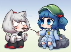 Rule 34 | 2girls, :c, animal ears, artist name, backpack, bad id, bad twitter id, bag, blue eyes, blue hair, boots, cattail, chibi, gradient background, hair bobbles, hair ornament, hat, inubashiri momiji, inunoko., kawashiro nitori, key, kneeling, long sleeves, looking at another, mouth hold, multiple girls, o o, orange eyes, paw pose, plant, rock, signature, simple background, sitting, sitting on rock, skirt, socks, tail, tail wagging, tokin hat, touhou, twintails, two side up, v-shaped eyebrows, white hair, wolf ears, wolf tail