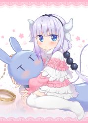 Rule 34 | 10s, 1girl, artist name, bad id, bad pixiv id, bag charm, beads, black bow, black hairband, blue eyes, blunt bangs, blush, bow, capelet, charm (object), child, commentary request, dragon girl, dragon horns, dragon tail, dress, full body, hair beads, hair bow, hair ornament, hairband, horns, kanna kamui, kobayashi-san chi no maidragon, lolita fashion, long hair, looking at viewer, monster girl, no shoes, oversized object, potco, short dress, silver hair, sitting, solo, tail, thighhighs, twintails, wariza, white thighhighs, zettai ryouiki