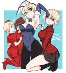 Rule 34 | 2girls, absurdres, aomushi (mushamusha), armpits, blush, bow, bowtie, breasts, cleavage, coat, collarbone, covered navel, cup, darjeeling (girls und panzer), dated, elbow gloves, flight attendant, girls und panzer, gloves, happy birthday, hat, high heels, highres, leotard, looking at viewer, miniskirt, multiple girls, nishizumi maho, pantyhose, playboy bunny, pleated skirt, red coat, skirt, smile, st. gloriana&#039;s military uniform, sweatdrop, teacup, thighs, travel attendant, yuri