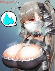 Rule 34 | 1girl, anger vein, areola slip, azur lane, bare shoulders, bdsm, between breasts, blush, bondage, bound, breasts, cleavage, cloth gag, clothing cutout, detached collar, eyebrows hidden by hair, flying sweatdrops, formidable (azur lane), gag, gagged, grey hair, huge breasts, improvised gag, kaguya-san (nantyu-erosada), long hair, looking at viewer, necktie, necktie between breasts, open mouth, over the nose gag, red eyes, shibari, shoulder cutout, signature, solo, spoken anger vein, spoken sweatdrop, steaming body, sweat, sweatdrop, tape, twintails, two-tone dress, very long hair