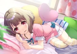 Rule 34 | 1girl, :d, bed, blanket, blush, bon (bonbon315), breasts, brown hair, collarbone, commentary request, curtains, dutch angle, feet out of frame, frilled pillow, frills, green ribbon, heart, heart-shaped pillow, indoors, looking at viewer, lying, on bed, on side, open mouth, original, pajamas, pillow, pink eyes, pink pajamas, ribbon, short hair, short sleeves, skindentation, small breasts, smile, solo, striped clothes, striped thighhighs, thighhighs, yellow thighhighs