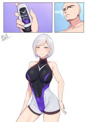 Rule 34 | 1boy, 1girl, absurdres, bald, band-width, bare shoulders, black eyes, blue eyes, blush, breasts, comic, competition swimsuit, contrapposto, cowboy shot, deoderant, highres, large breasts, looking at viewer, one-piece swimsuit, original, personification, short hair, silver hair, smile, swept bangs, swimsuit, white background