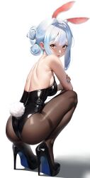 Rule 34 | 1girl, absurdres, alternate costume, animal ear fluff, animal ears, ass, backless leotard, bare shoulders, black footwear, black leotard, black pantyhose, blue hair, blue nails, blush, breasts, colored shoe soles, double bun, fingernails, hair bun, high heels, highres, hololive, leotard, looking at viewer, median furrow, medium breasts, nail polish, not forever2w, pantyhose, parted lips, playboy bunny, pumps, rabbit-shaped pupils, rabbit ears, rabbit girl, rabbit tail, romaji commentary, short eyebrows, shoulder blades, sidelocks, simple background, solo, squatting, symbol-shaped pupils, tail, thick eyebrows, thighband pantyhose, turning head, usada pekora, virtual youtuber, white background, yellow eyes