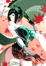 Rule 34 | 1girl, absurdres, breasts, chinese hairpin, cleavage, closed mouth, dress, elbow gloves, folding fan, gloves, green dress, green hair, hair ornament, hand fan, hanying: zitherwoe (punishing: gray raven), hanying (punishing: gray raven), highres, holding, holding fan, jewelry, large breasts, partially fingerless gloves, punishing: gray raven, sidelocks, solo, takashi san, thigh strap