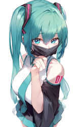 Rule 34 | 1girl, absurdres, black hair, black skirt, blue eyes, blue hair, blue necktie, breasts, collared shirt, commentary, cowboy shot, detached sleeves, hair between eyes, hair ribbon, hand up, hatsune miku, highres, kokko (kokko3045), large breasts, long hair, looking at viewer, mask, mouth mask, necktie, pleated skirt, ribbon, shirt, simple background, skirt, sleeveless, sleeveless shirt, solo, standing, twintails, very long hair, vocaloid, white background, white shirt
