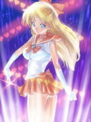 Rule 34 | 1990s (style), 1girl, aino minako, ass, bad id, bad pixiv id, bishoujo senshi sailor moon, blonde hair, blue eyes, bow, choker, circlet, dodai shouji, earrings, elbow gloves, gloves, gradient background, hair bow, heart, highres, jewelry, long hair, looking at viewer, magical girl, microskirt, orange skirt, pleated skirt, red bow, retro artstyle, sailor venus, skirt, solo, standing, tiara, too many, white gloves