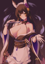 Rule 34 | 1girl, absurdres, animal ear fluff, animal ears, apron, azur lane, bare shoulders, black bow, black bowtie, black hair, black ribbon, black sash, bow, bowtie, breasts, brown background, brown eyes, cleavage, cowboy shot, dated, facial mark, facial tattoo, fingerless gloves, flower, fox ears, fox girl, frilled apron, frilled hairband, frills, gloves, hair flower, hair ornament, hairband, hand up, highres, holding, japanese clothes, kimono, large breasts, long hair, looking at viewer, maid, maid apron, maid headdress, musashi (azur lane), musashi (violet moonglow) (azur lane), obi, outstretched hand, parted lips, ribbon, sash, sidelocks, signature, single fingerless glove, smile, solo, tattoo, unique (pixiv12704744), very long hair, wa maid, waist apron, white apron, white gloves, white hairband, wide sleeves, yellow eyes