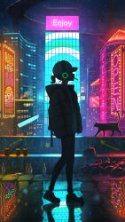Rule 34 | 1girl, absurdres, baseball cap, black pants, brand name imitation, building, candy, cat, city, cup, disposable cup, down jacket, food, full body, graffiti, hat, highres, jacket, lollipop, neon lights, night, on roof, original, pants, pasoputi, ponytail, rain, reflective floor, rooftop, solo, standing, trash bag, white hat