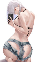 Rule 34 | 1girl, absurdres, ass, back, bikini, bikini top only, black bikini, blue shorts, cellphone, chainsaw man, denim, denim shorts, earrings, fami (chainsaw man), from behind, highres, holding, holding phone, iphone, jewelry, looking at viewer, looking back, mole, mole under eye, multiple moles, no panties, phone, red eyes, seiza, short hair, short shorts, shorts, shoulder blades, simple background, sitting, smartphone, solo, swimsuit, taking picture, tassel, tassel earrings, torn clothes, torn shorts, white hair, yu pian