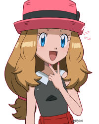 Rule 34 | 1girl, :d, blonde hair, blue eyes, collared shirt, commentary, creatures (company), eyelashes, game freak, grey shirt, hand up, happy, hat, highres, jiffy0v0, long hair, nail polish, nintendo, notice lines, open mouth, pink hat, pink nails, pokemon, pokemon (anime), pokemon xy (anime), red skirt, serena (pokemon), shirt, simple background, skirt, sleeveless, sleeveless shirt, smile, solo, tongue, v, white background