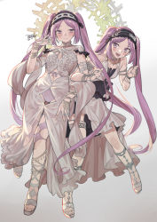 Rule 34 | 2girls, absurdres, clothing cutout, dated, dress, euryale (fate), euryale (third ascension) (fate), fate/grand order, fate (series), frilled hairband, frills, hairband, halo, highres, jewelry, locked arms, md5 mismatch, multiple girls, nao (syn eaa), navel, navel cutout, panties, purple eyes, purple hair, resolution mismatch, sandals, siblings, signature, sisters, smile, source larger, stheno (fate), stheno (third ascension) (fate), twintails, underwear