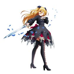 Rule 34 | 1girl, black dress, blonde hair, blue petals, boots, dress, evileye (overlord), high heels, official art, overlord (maruyama), red eyes, smile, solo, sword, tagme, thigh boots, vampire, weapon