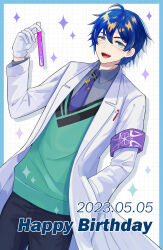 Rule 34 | 1boy, absurdres, black pants, blue border, blue eyes, blue hair, blue necktie, border, coat, dated, eyelashes, gloves, green vest, grey shirt, grid background, hand in pocket, happy birthday, highres, holding, holding test tube, kashima miyako, lab coat, leos vincent, leos vincent (1st costume), long sleeves, looking at viewer, male focus, necktie, nijisanji, open mouth, pants, pen, purple armband, shirt, solo, sparkle, teeth, test tube, upper teeth only, vest, white coat, white gloves