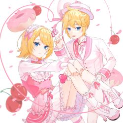 Rule 34 | 1boy, 1girl, absurdres, blonde hair, blue eyes, bow, bowtie, buttons, candy, cherry, closed mouth, commentary, doughnut, dress, falling petals, food, formal, frilled dress, frilled socks, frills, fruit, hairband, hat, heart, heart of string, highres, holding, holding candy, holding food, holding lollipop, holding string, kagamine len, kagamine rin, lollipop, looking at viewer, nyan2school, open mouth, petals, pink bow, pink bowtie, pink dress, pink footwear, pink hairband, pink hat, pink petals, pink theme, short hair, siblings, smile, socks, star (symbol), string, suit, swept bangs, symbol-only commentary, twins, vocaloid, white socks, white suit