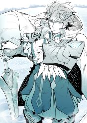 Rule 34 | 1boy, arm guards, armor, boots, cape, commentary request, crown, feather trim, fire emblem, fire emblem heroes, gloves, hand up, highres, hrid (fire emblem), long sleeves, looking at viewer, male focus, nakabayashi zun, nintendo, open mouth, shoulder armor, simple background, sword, weapon