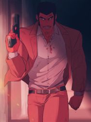 Rule 34 | 1boy, angry, arsene lupin iii, belt, blood, blood on clothes, blood on face, chest hair, clenched hands, coat, collared shirt, glowing, glowing eyes, gun, highres, holding, holding gun, holding weapon, kon likes corn, leather, leather belt, looking at viewer, lupin iii, male focus, manly, mature male, muscular, muscular male, open clothes, open coat, pants, shirt, short hair, solo, teeth, thick eyebrows, thighs, weapon, white eyes